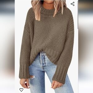 Deep Self Crewneck Chunky Knit Long Sleeves Khaki Sweater Pullover